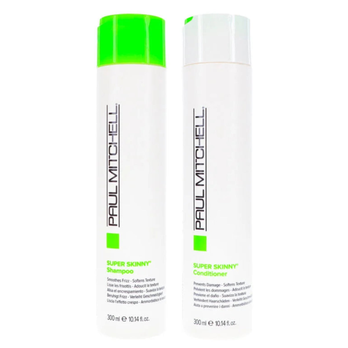 Two bottles of Paul Mitchell Super Skinny shampoo and conditioner on a white background