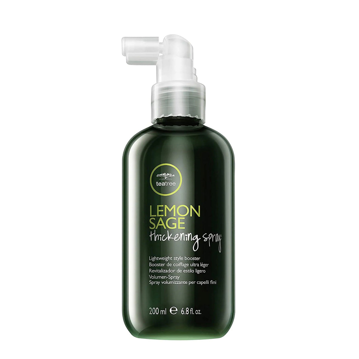 Green bottle of Lemon Sage Thickening Spray with a pump on a white background