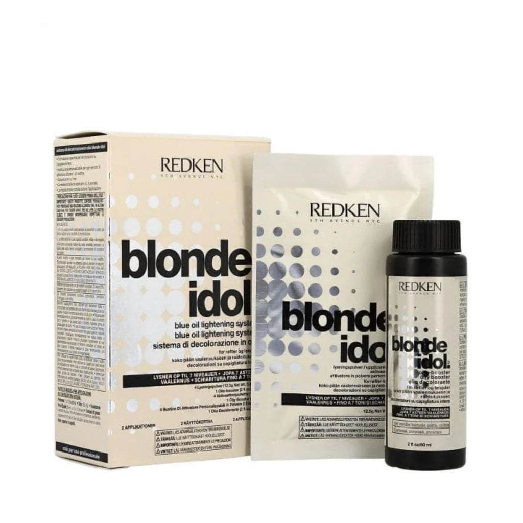 Redken Blonde Idol hair care products including a box, shampoo bottle, and conditioner bottle on a white background.
