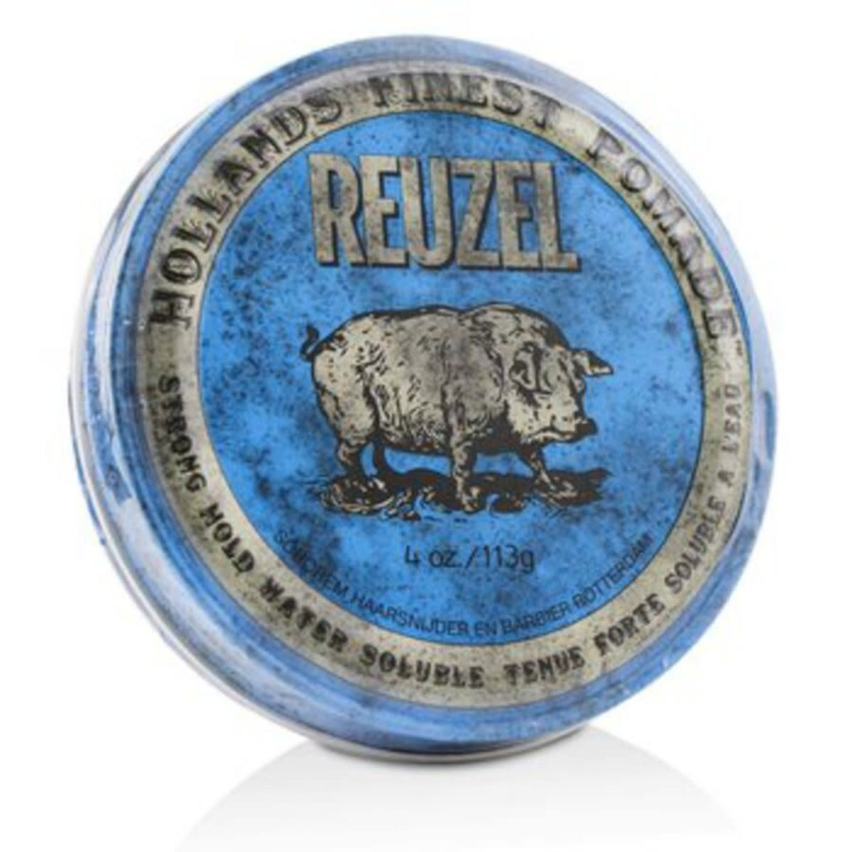 Reuzel pomade container with blue lid and white base on a white background