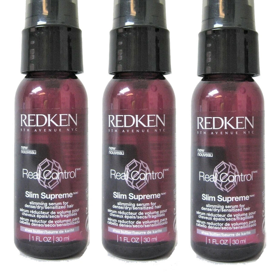 Three bottles of Redken Real Control Slim Supreme serum on a white background