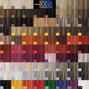 Color swatch chart for hair extensions labeled 'the color XG' with various brown, red, and gray shades.