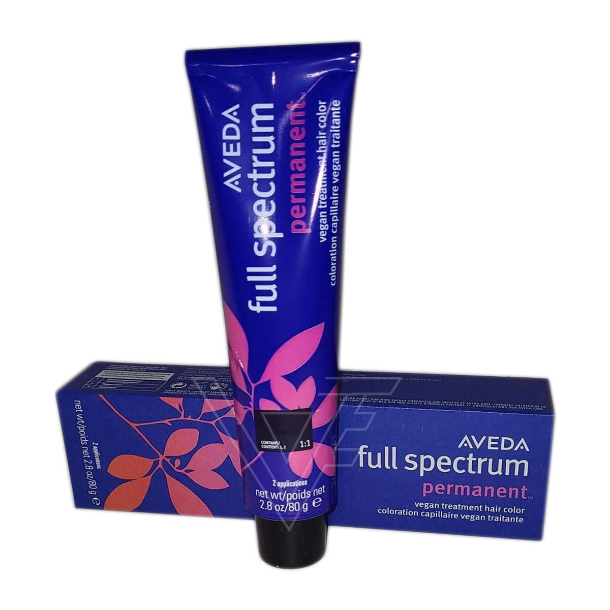 Aveda Full Spectrum permanent hair color tube and packaging on a white background
