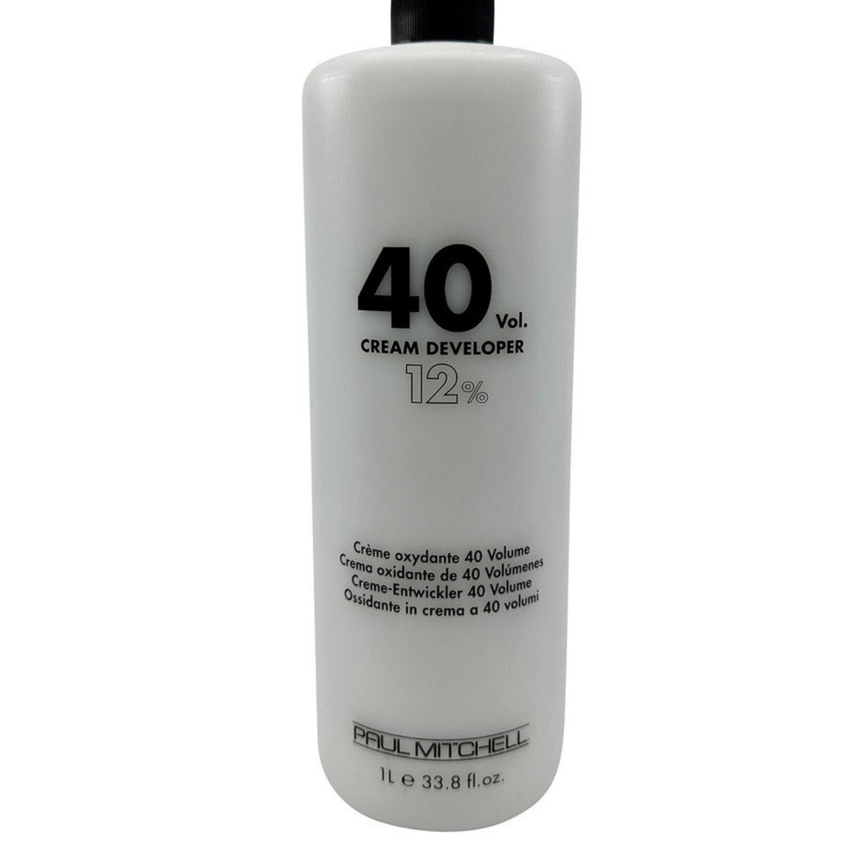 Bottle of Paul Mitchell 40 Volume Cream Developer on a white background