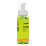 A bottle of DevaCurl Frizz-Fighting Volumizing Foam with a green label and white spray nozzle.