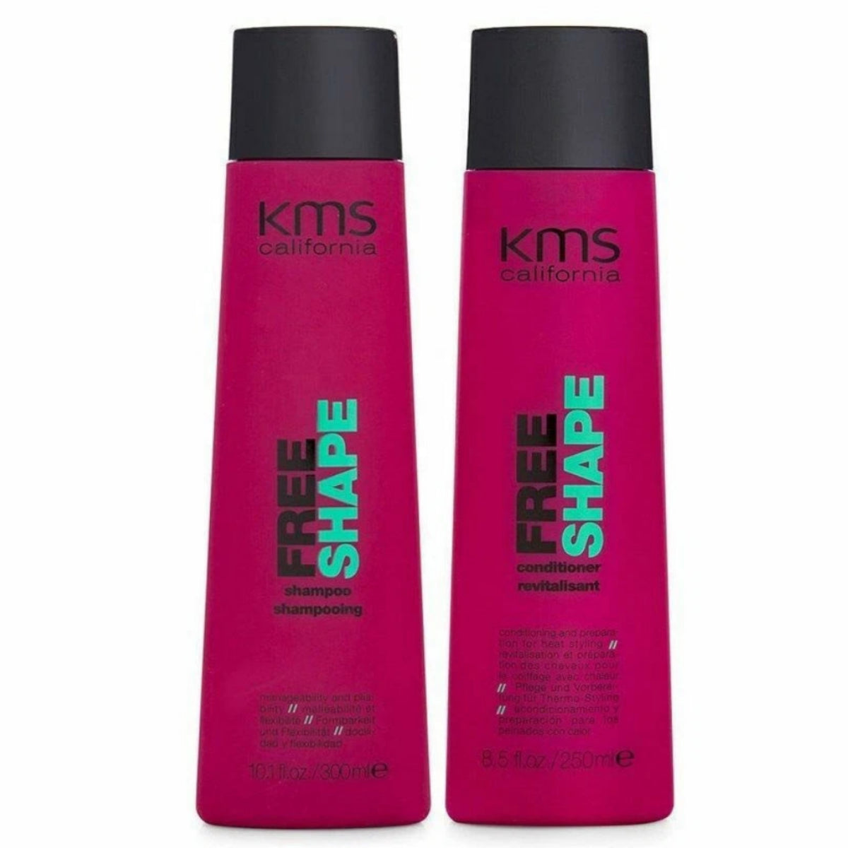 Two pink bottles of KMS California Free Shape shampoo and conditioner on a white background