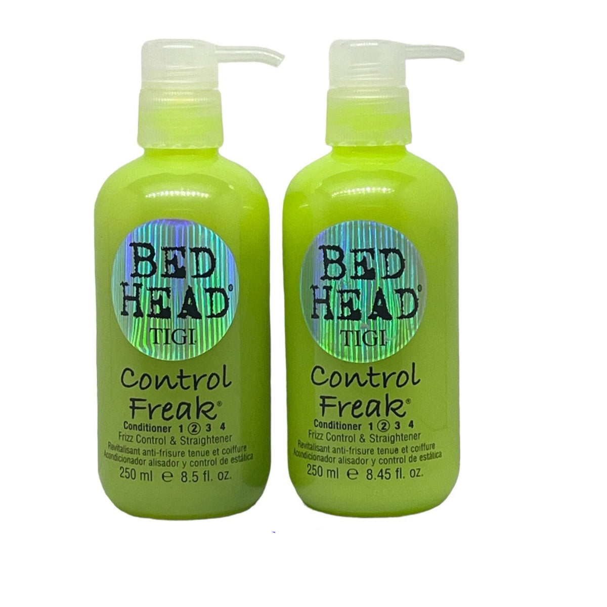 Two bottles of Tigi Bed Head Control Freak conditioner on a white background