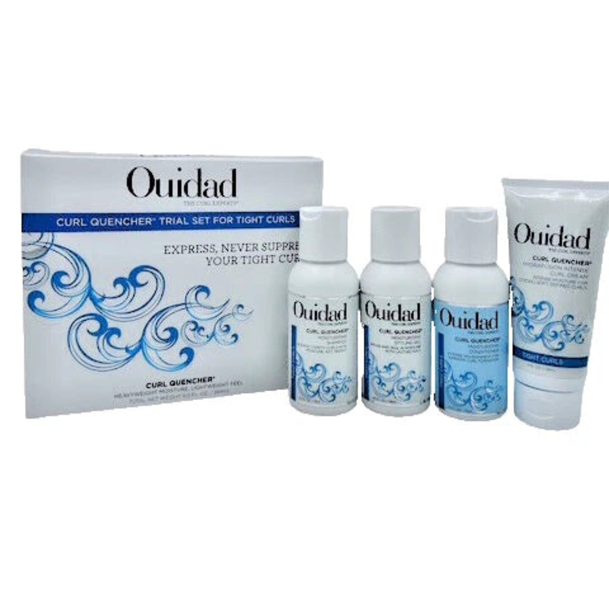 Ouidad hair care product set including box, bottles, and tube on a white background