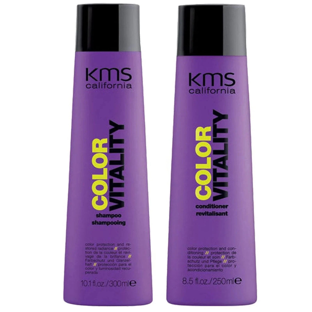 Two KMS California Color Vitality shampoo and conditioner bottles on a white background
