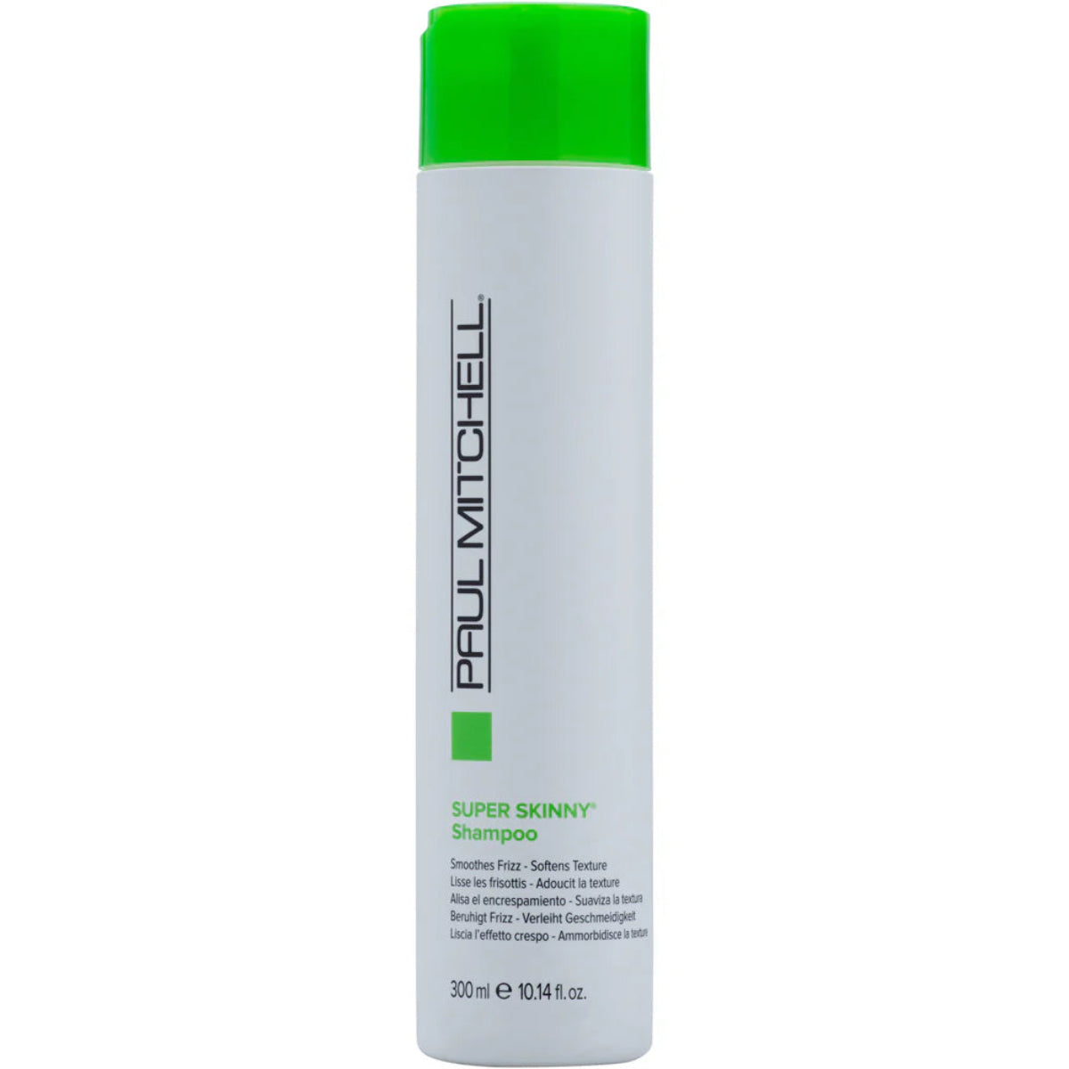 Shampoo bottle with green cap and label on a white background