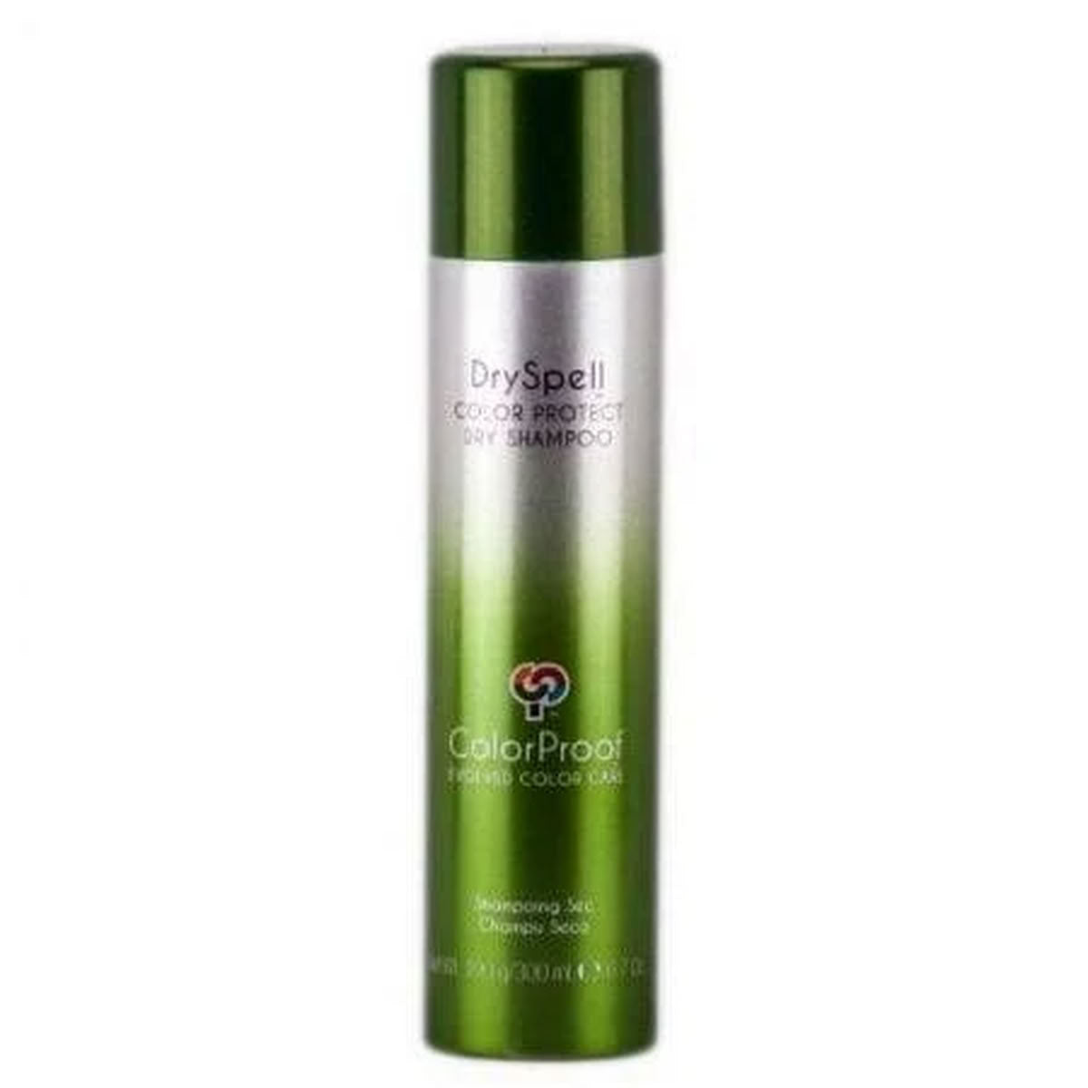 Green and silver shampoo bottle labeled 'Dry Spell Color Protect Shampoo' by ColorProof on a white background