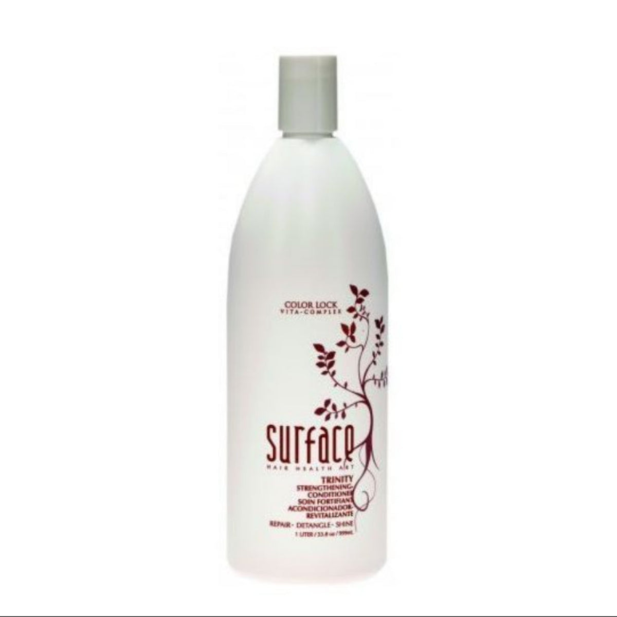White bottle with red text and floral design on a white background